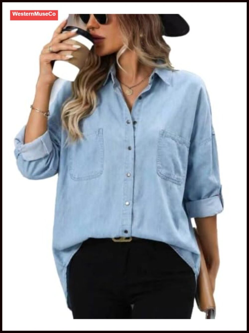 Plus Size Snap Button Denim Shirt Long Sleeve Water-Wash Cotton Blend Blouse